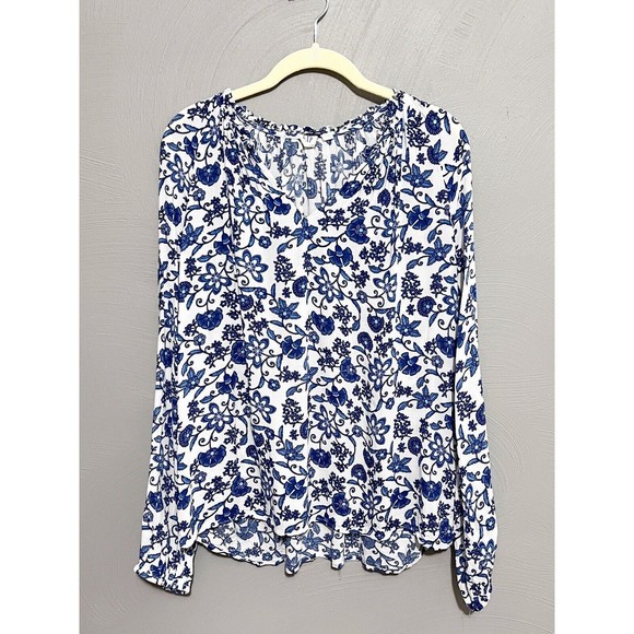 Gap Womens Blue White Floral Ruffle Neck Blouse Long Sleeve Rayon V-Neck Large - Picture 2 of 12